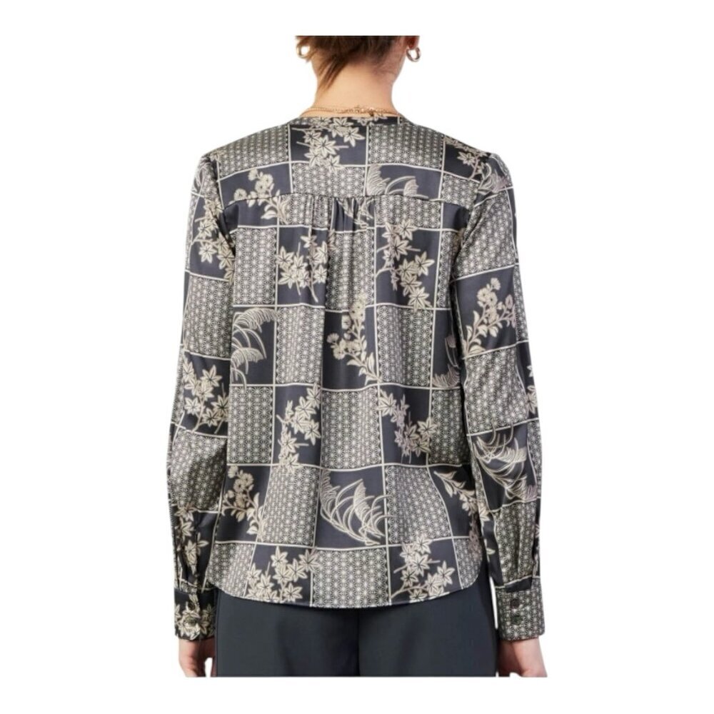 Current Air Anthropologie Black/Taupe Silk Surplus Blouse Medium Mandarin Collar - Picture 2 of 10